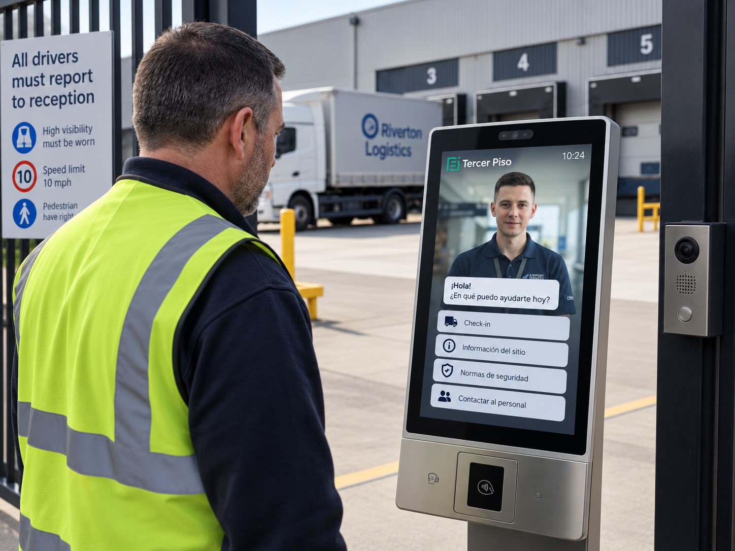 Un conductor consulta al avatar en la terminal de ingreso de un centro logístico.
