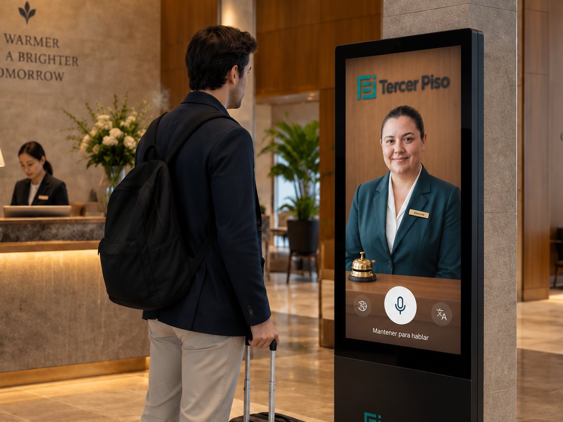 Melanie, la recepcionista virtual, espera una consulta en la terminal de un hotel.